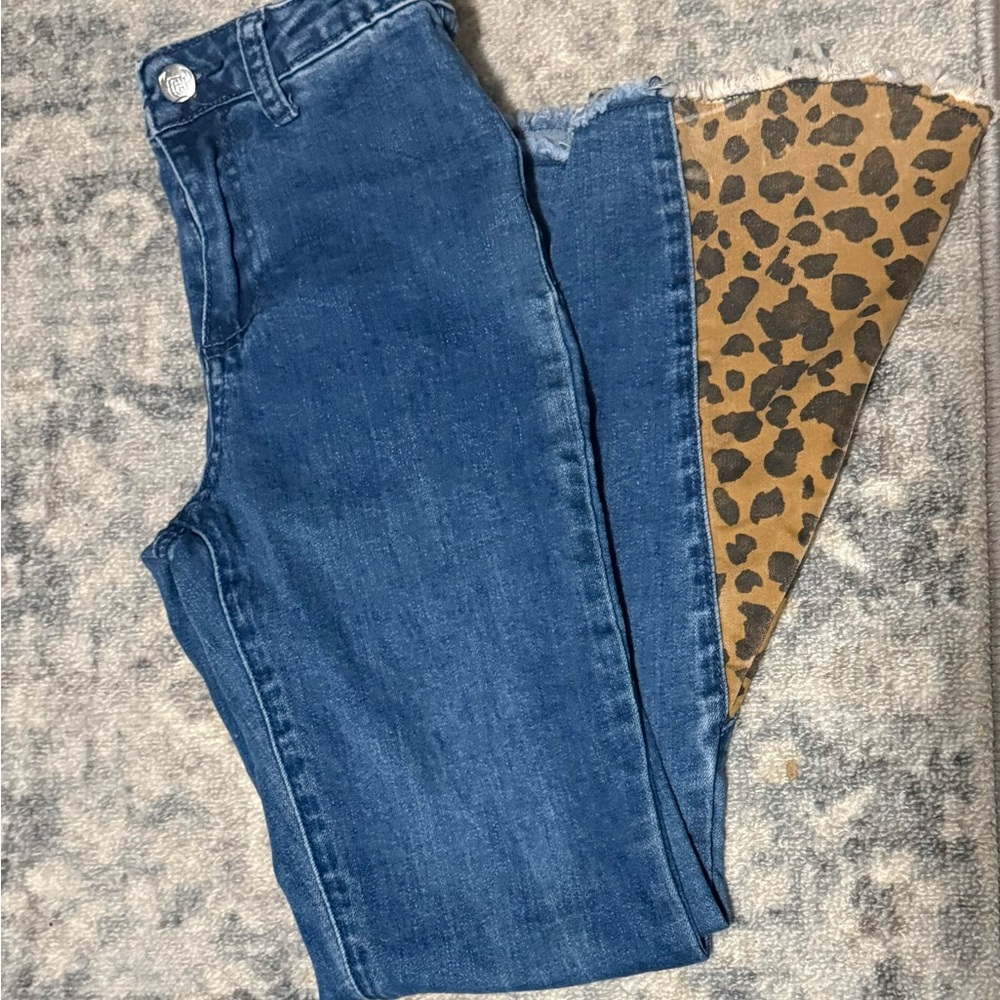 Kids Blue Denim Jeans with Leopard Print Flares